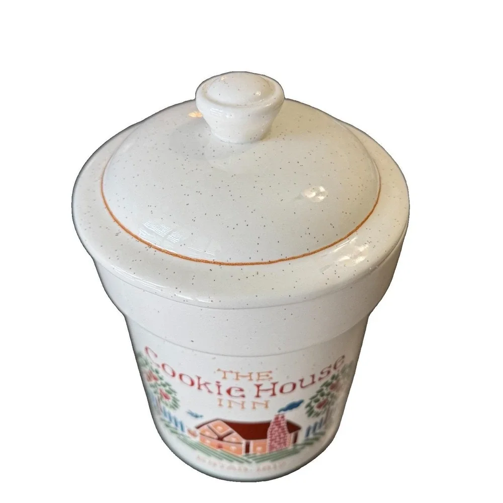 Vintage Treasure Craft Cookie House Inn Cookie Jar Canister USA Speckled Pottery